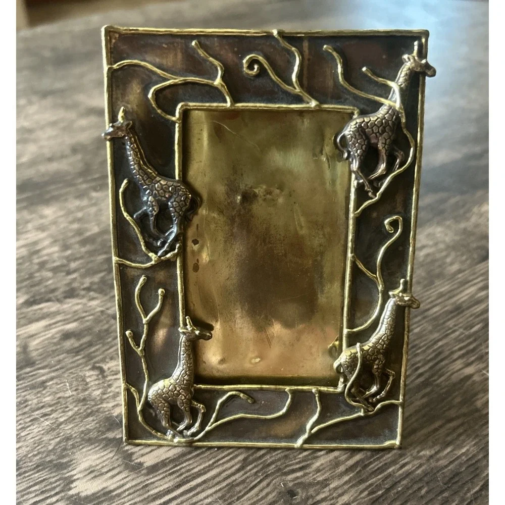 Vintage Solid Brass Giraffe Picture Frame African Safari Tabletop Decor No Glass